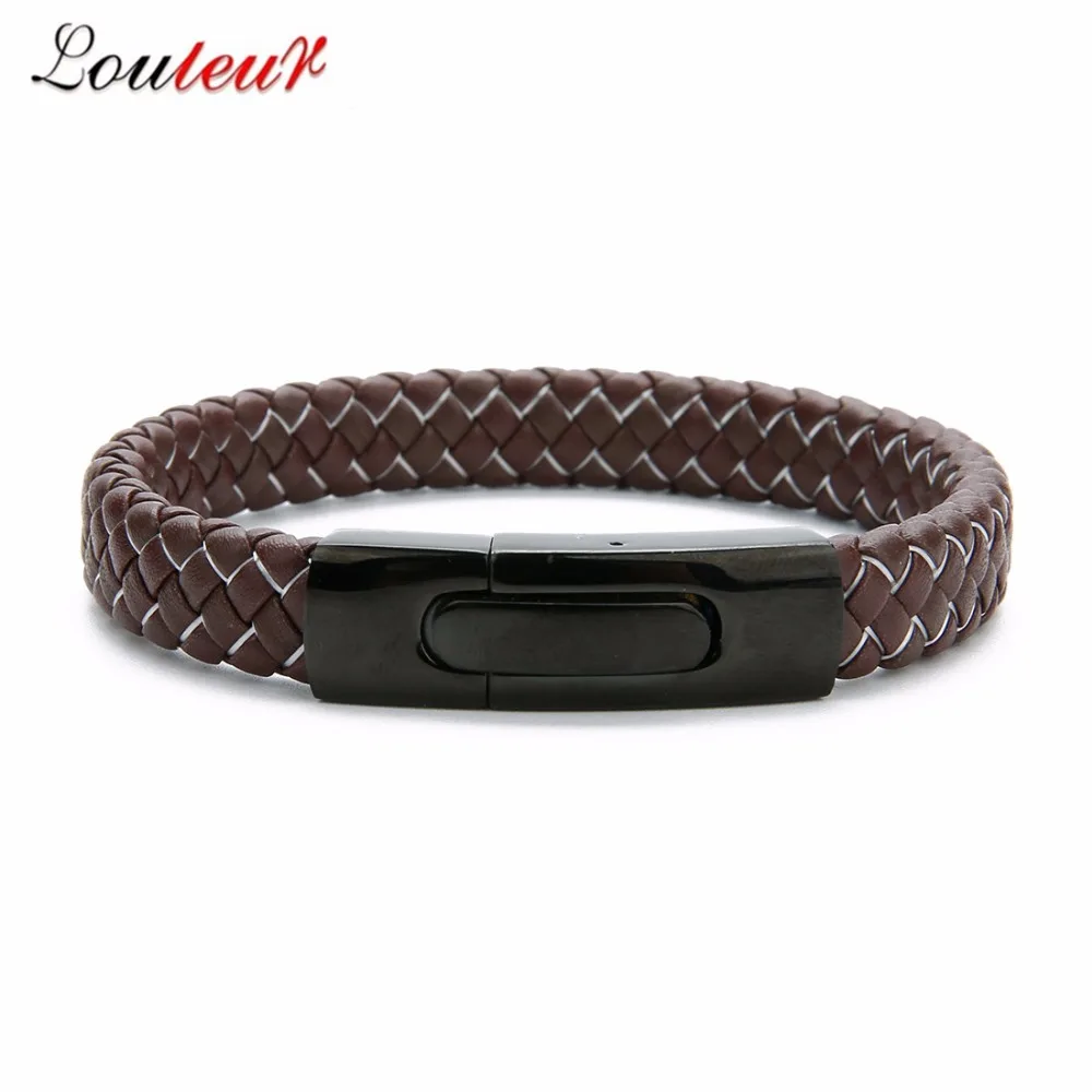 LOULEUR Fashion Men Jewelry Braid Black Red Genuine Leather Bracelet Stainless Steel Magnetic Buckle Punk Bangles Male | Украшения и