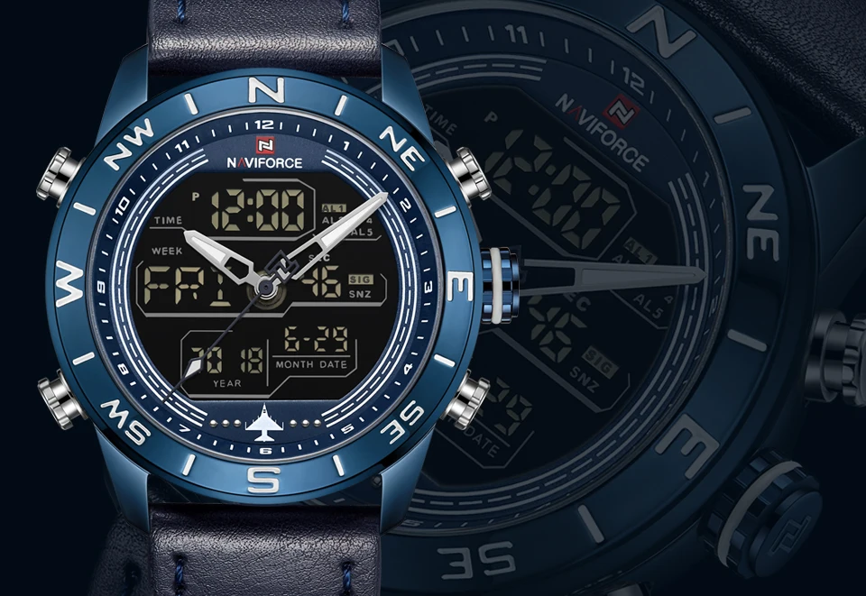 Бренд NAVIFORCE модные синие мужские спортивные часы светодиодный, аналоговый, цифровой часы в стиле милитари кожаные кварцевые часы Relogio Masculino