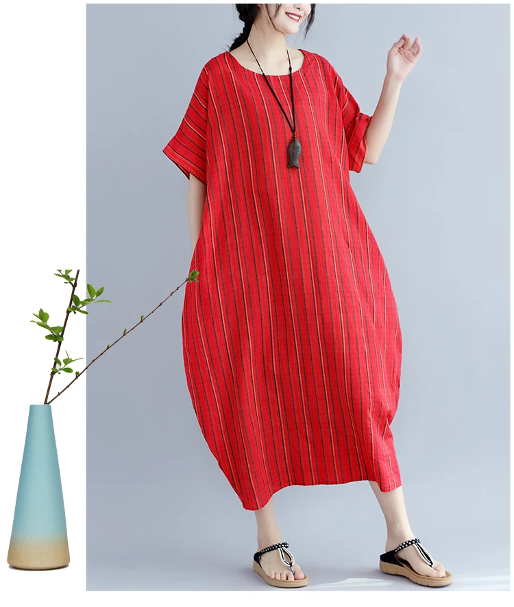 2018 Summer Big Size Vintage Short Sleeve O- Neck Striped Straight Dress Retro Large size Tunic Baggy Loose Vestidos | Женская одежда