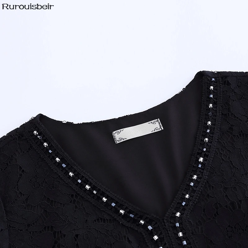 2019 темперамент дамы кружева платье Винтаж Hollowout короткий рукав Sexy середины икры