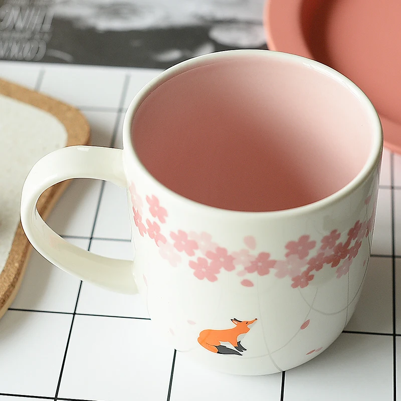 Ceramic Coffee Milk Mugs with Lid Spoon Sakura Cute Fox Deer Bear Mug Office Tea Creative For Kids Bithday Christmas Gifts | Дом и сад