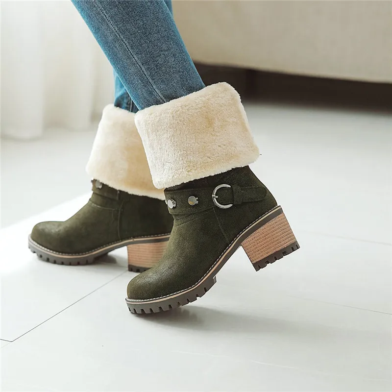 YMECHIC/теплые меховые ботинки на блочном каблуке с пряжкой и ремешком зимние