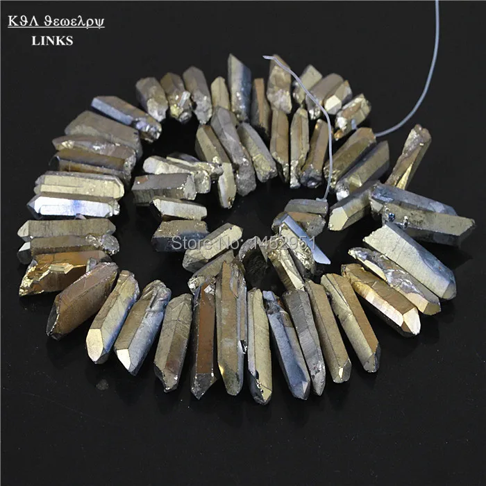 

Polished Smooth Titanium Gold Pyrite Quartz Rough Point Drilled Briolettes Beads 19-35mm 16 inch Druzy Stone Pendant Beads