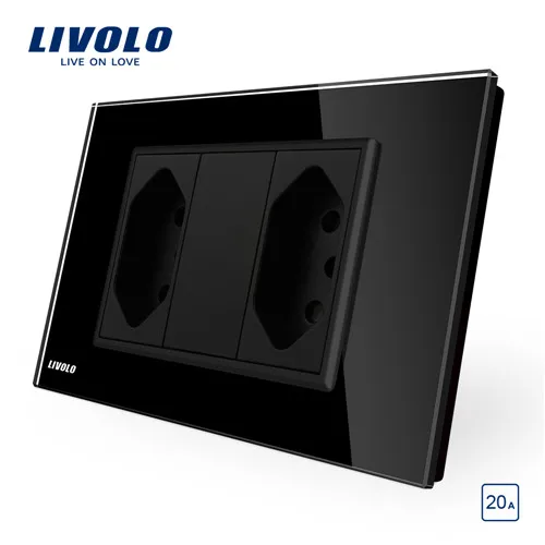 Black Livolo бразильский/Итальянский стандарт 2 банды 3 контакта 20А гнездо, стеклянная панель без вилки, C9C2CBR2-11/12 - Тип: Black