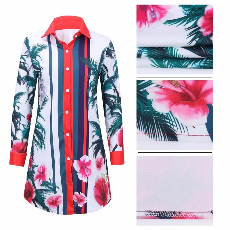 Женское винтажное платье-рубашка с длинным рукавом на одной пуговице принтом