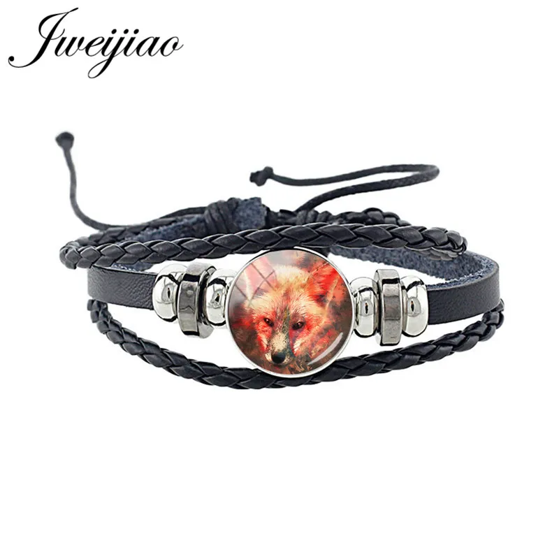 WF17 JWEIJIAO, новинка, милый браслет в виде лисы, стекло, изображение животного, кабошон, очаровательный черный браслет из искусственной кожи, браслет, браслет в стиле панк, ювелирное изделие, подарок CN96 - Окраска металла: WF17