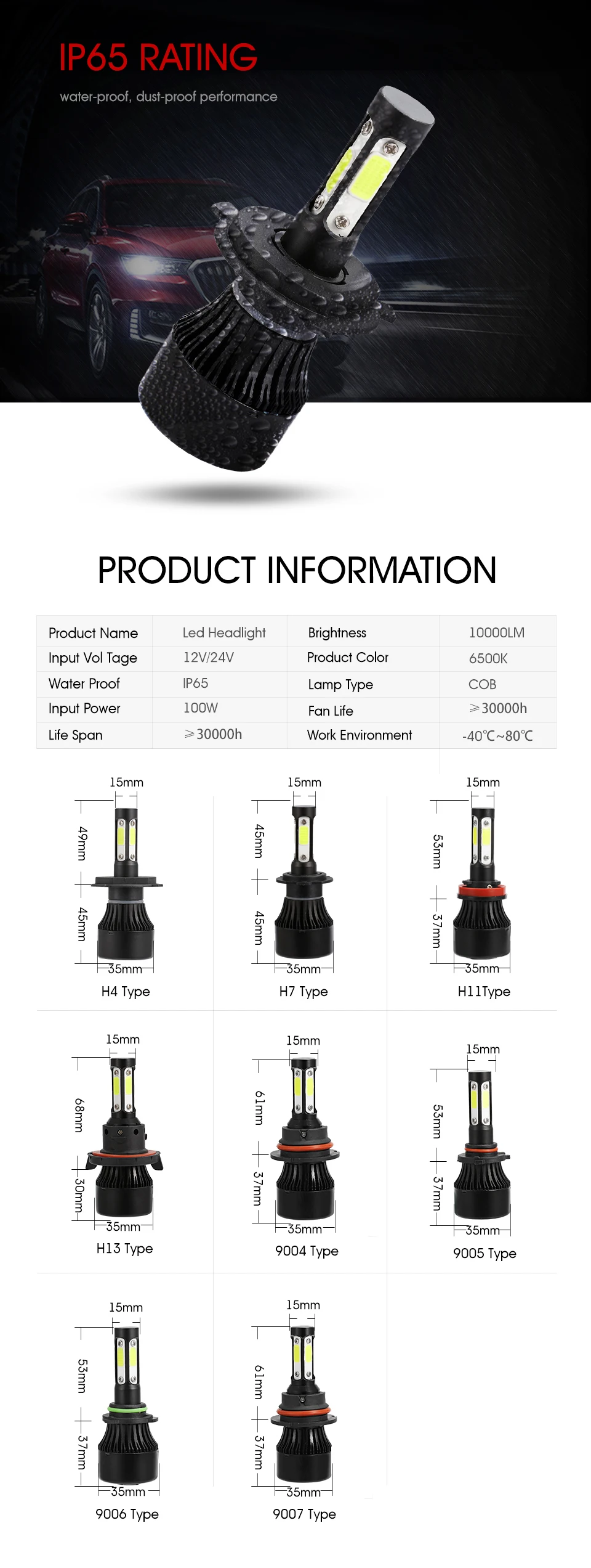 Partol 4 стороны светлые H4 H7 H11 9005 9006 COB 100 W 10000LM автомобиля, противотуманные LED лампочки 6500 K авто светодиодные фары автомобиля огни 12 v 24 v
