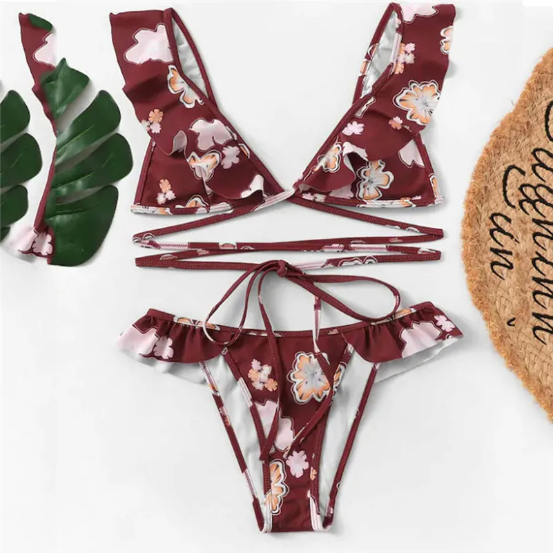 Женский купальник бикини сексуальный комплект с цветочным принтом и высокой