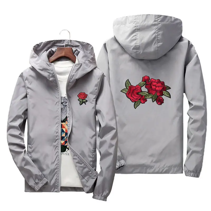 Ветровка мужская с капюшоном, тонкая куртка с вышивкой розы, Повседневная Уличная одежда для женщин, 8 цветов, большие размеры, весна-осень от AliExpress WW