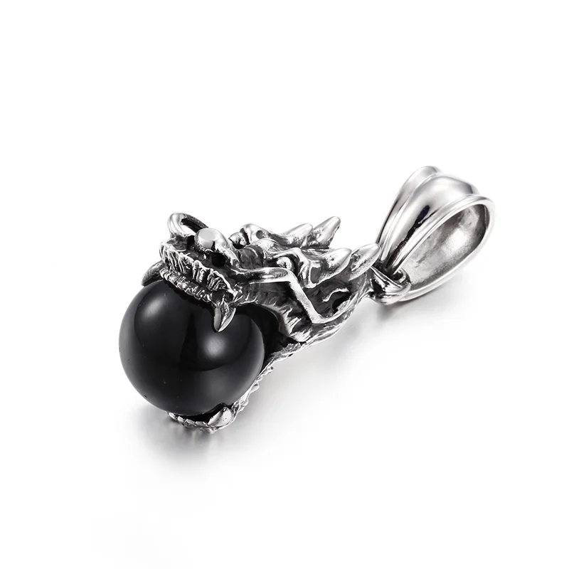 Punk Design Jewelry Gifts Large Black Stone Biker dragon Pendant Stainless Steel Men's Necklace | Украшения и аксессуары