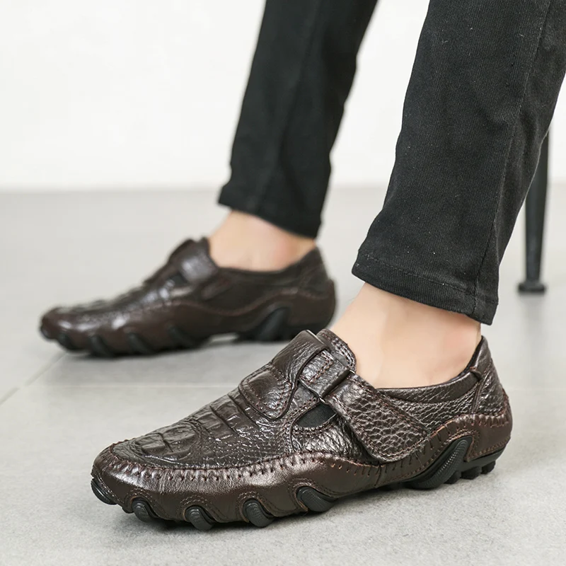 Brand Men Casual Shoes Loafers Spring and Autumn Moccasins Genuine Leather Men's Flats Rough Texture | Обувь