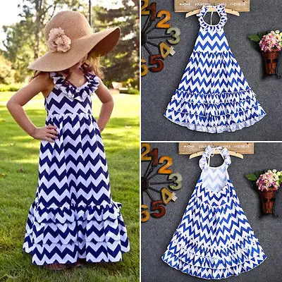 Maxi Kids Girls Long Evening Party Dress Boho Stripe Summer Beach Sundress 3-10Y | Детская одежда и обувь