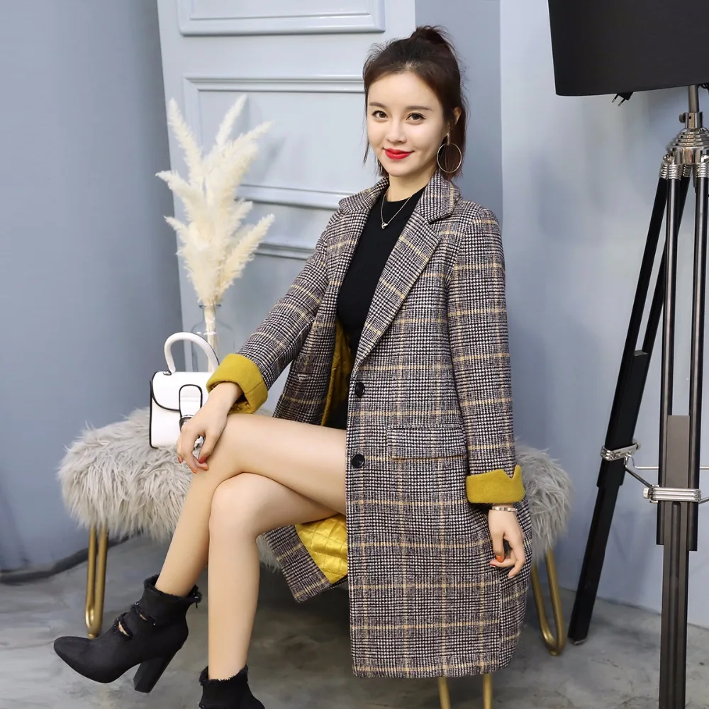 

Retro plaid wool coat female long section 2018 new spring and autumn Korean fashion was thin and thick woolen coat tide TB1503