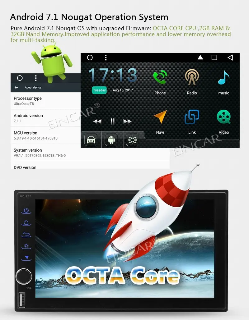 Android 7 1 автомобильный стерео Din в тире gps навигация радио bluetooth гарнитура Поддержка