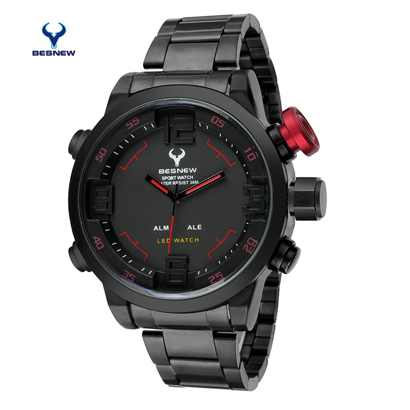 BESTNEW Цифровой СВЕТОДИОДНЫЕ часы Люксовый Бренд Полный стали Кварцевые мужская