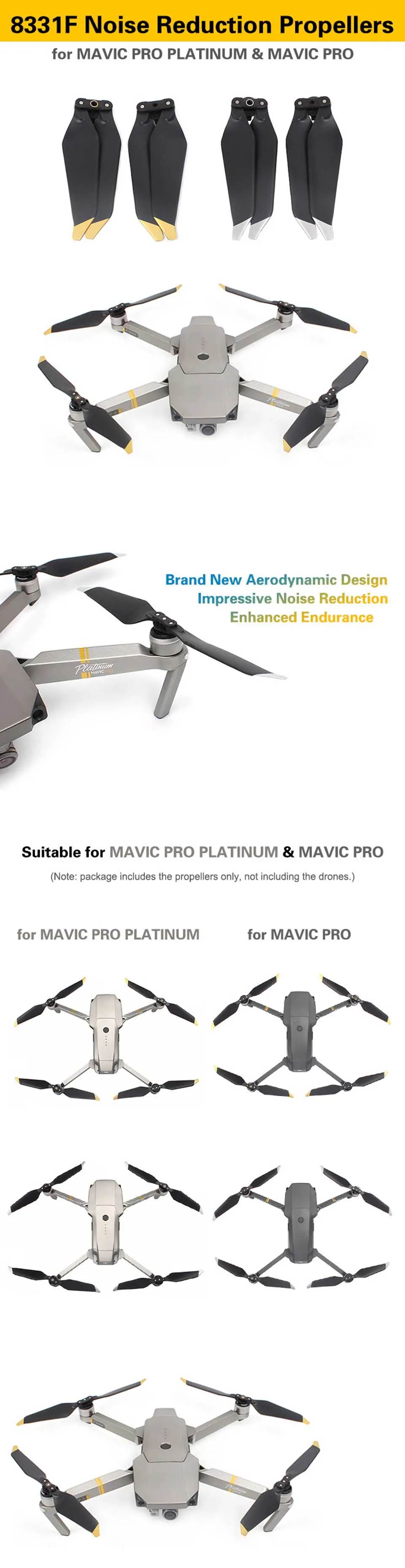 4 пары 8 шт. 8331 малошумные быстросъемные пропеллеры для DJI Mavic Pro/Platinum(золотистый/серебристый) Аксессуары для Mavic Pro