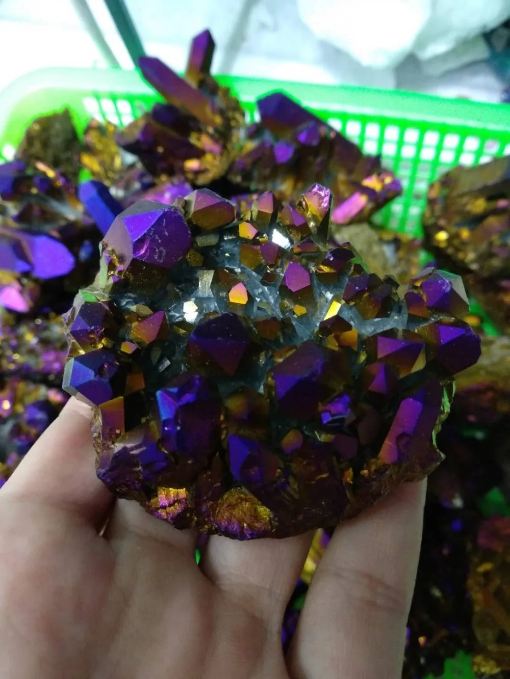 

PRETTY RARE Golden and Blue Titanium Rainbow Aura Quartz Crystal Cluster Specimen