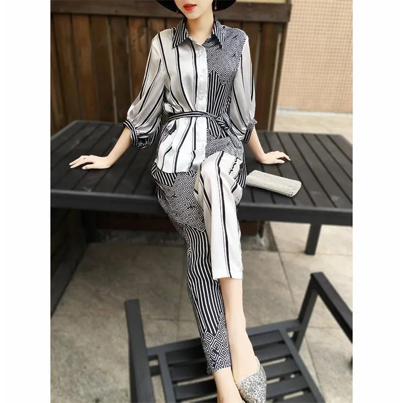 Spring Striped 2 Piece Set Women Office Lady Two Outfits Conjunto Feminino Ensemble Femme Deux Pieces Woman Suit | Женская одежда
