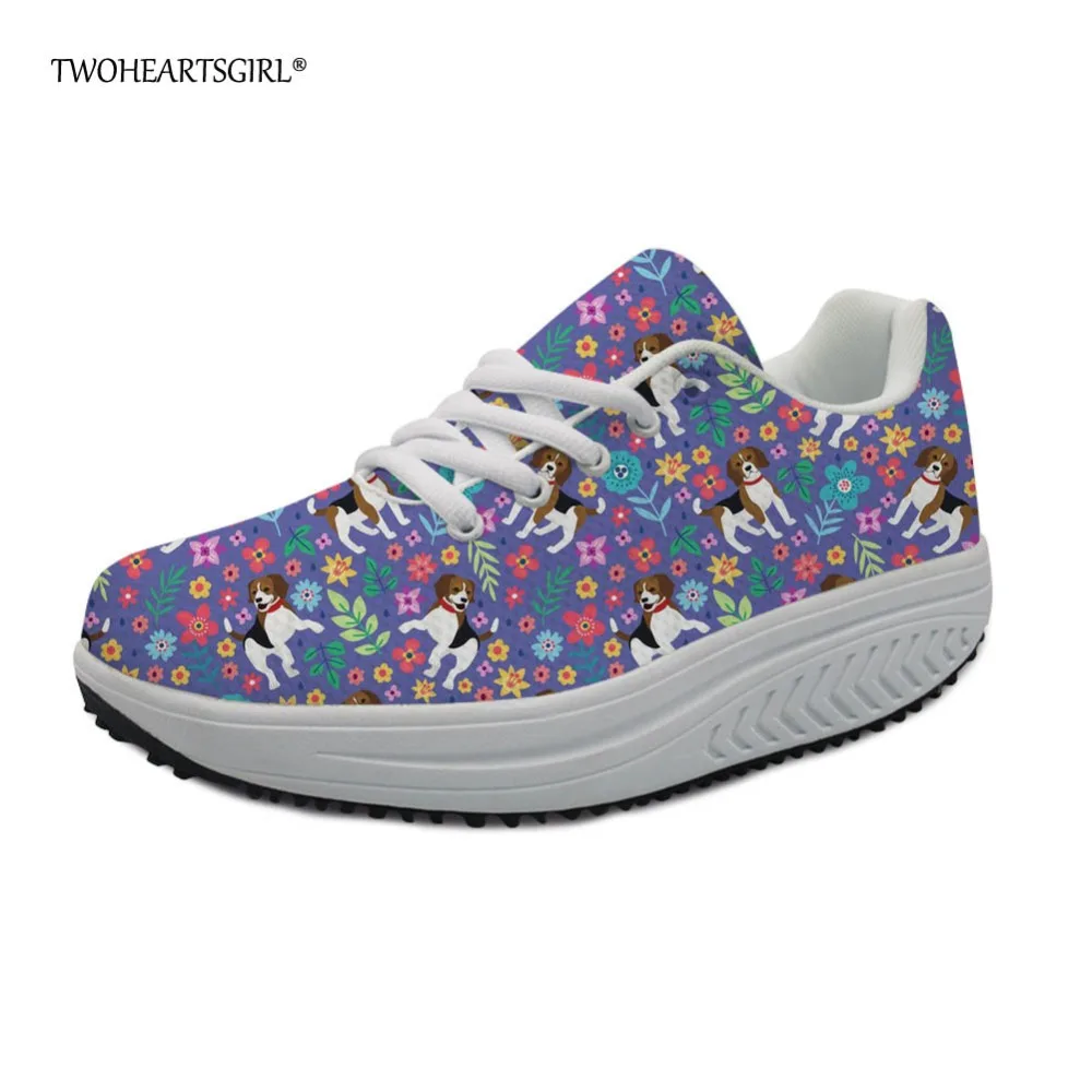 

Twoheartsgirl Purple Floral Beagle Swing Shoes for Women Loose Weight Health Slimming Shoes Pretty Female Platform Shoes Plus