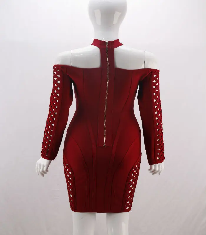 

Wine red women bandage dress rayon striped hollow out halter neck evening club long sleeve dresses vestidos autumn dresses