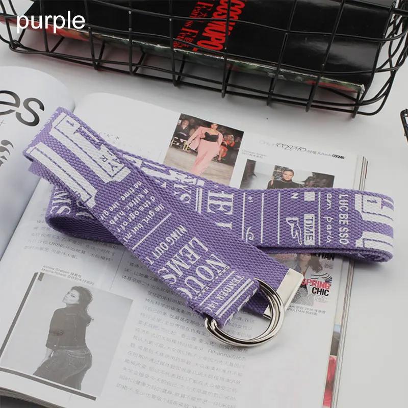 Фиолетовый Fashion Long Canvas Belt For Unisex Literary Wind Letter Print Belts Trend Student Harajuku Wild Jeans Belt Double D Ring Belts - Цвет: Фиолетовый
