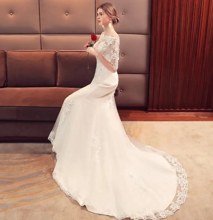 VENSANAC Boat Neck Sequined Sweep Train Mermaid Wedding Dresses 2018 Lace Appliques Illusion Half Sleeve Bridal Gowns | Свадьбы и