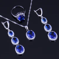 captivating oval blue cubic zirconia white cz silver plated jewelry sets earrings pendant chain ring v0037