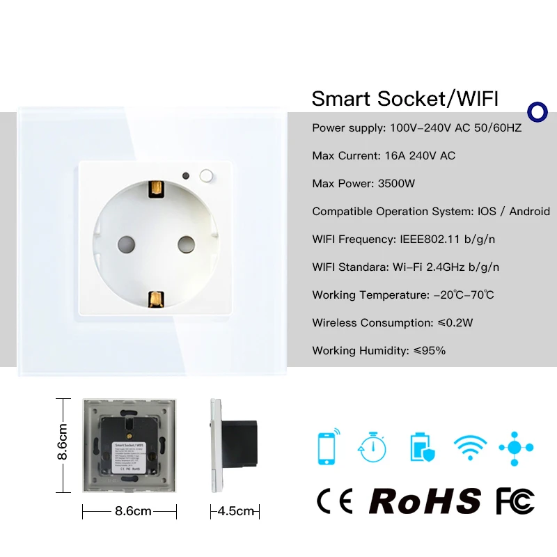 

EU WiFi Smart Wall Socket 16A Outlet Glass Panel Gemany Smart Life/Tuya Remote Control Works with Amazon Echo Alexa Google Home