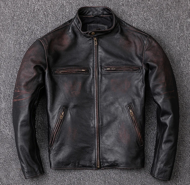 AYUNSUE Vintage Genuine Leather Jacket Men Real Cow Leather Coat Short Biker Motorcycle Leather Jackets KJ2539