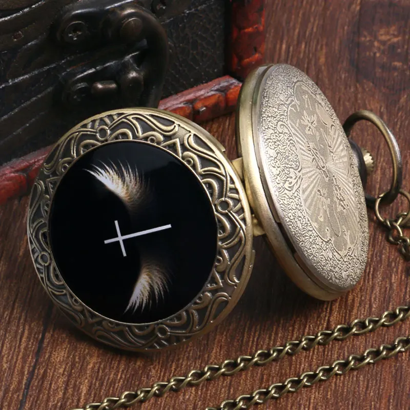 

Antique Cool Cross With Wings Design Bronze Pocket Watch Black Fob Watch With Necklace Chain