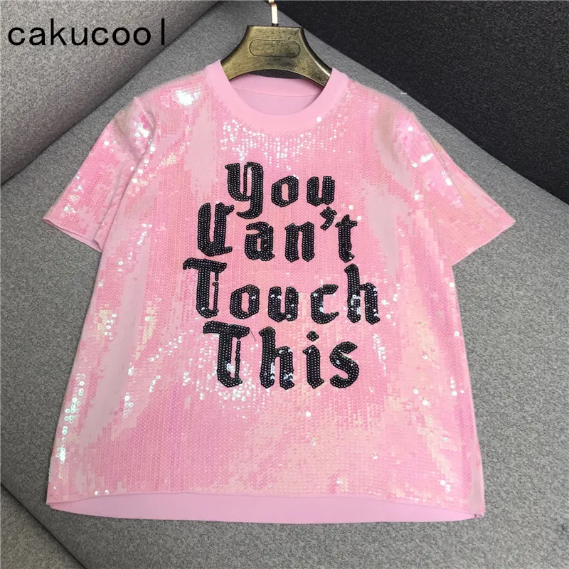Cakucool летняя футболка женская блестки буквы-наклейки короткий рукав шикарная футболка Повседневная Корейская свободная футболка Топы для женщин розовый
