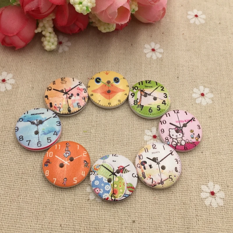 Белые деревянные пуговицы для дома и сада 20 мм цветные часы с мультяшным принтом