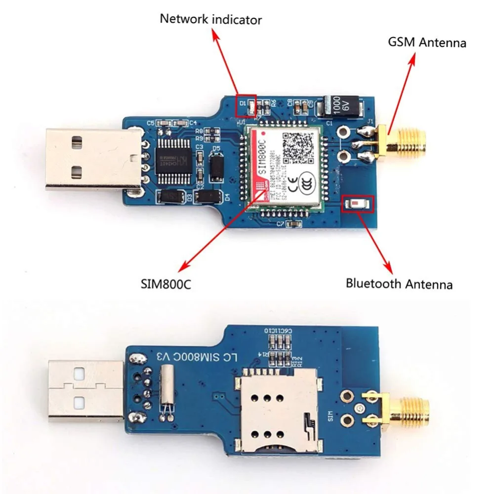 Плата модуля SIM800C USB GSM серийная GPRS с черной антенной чип CH340T встроенная антенна