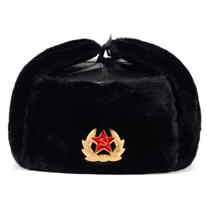 Soviet Army Military Badge Russia Ushanka Bomber Hats Pilot Trapper trooper Hat Winter Faux Rabbit Fur Earflap Men Snow Caps