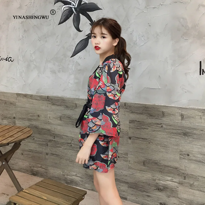 Yukata, женская блузка с поясом, новая мода, кимоно, блузка, японский веер, принт, женская рубашка, летняя, солнцезащитная, топы, Япония, кимоно, для женщин