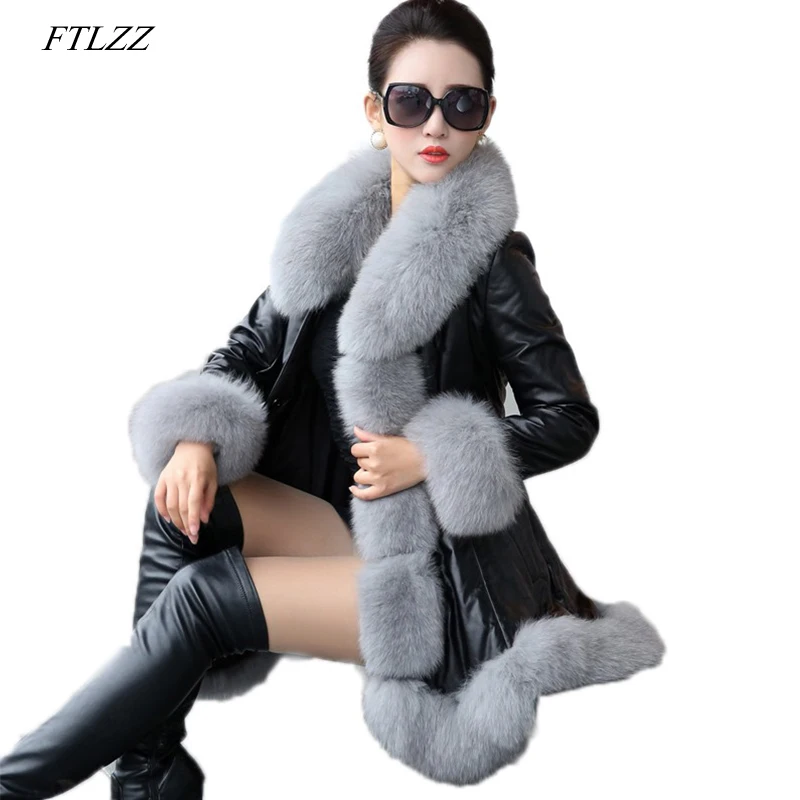 

FTLZZ Winter Fur Coat 6XL Women Pu Leather Faux Fur Long Jacket Lady Casual Synthetic Fox Fur Collar Overcoat
