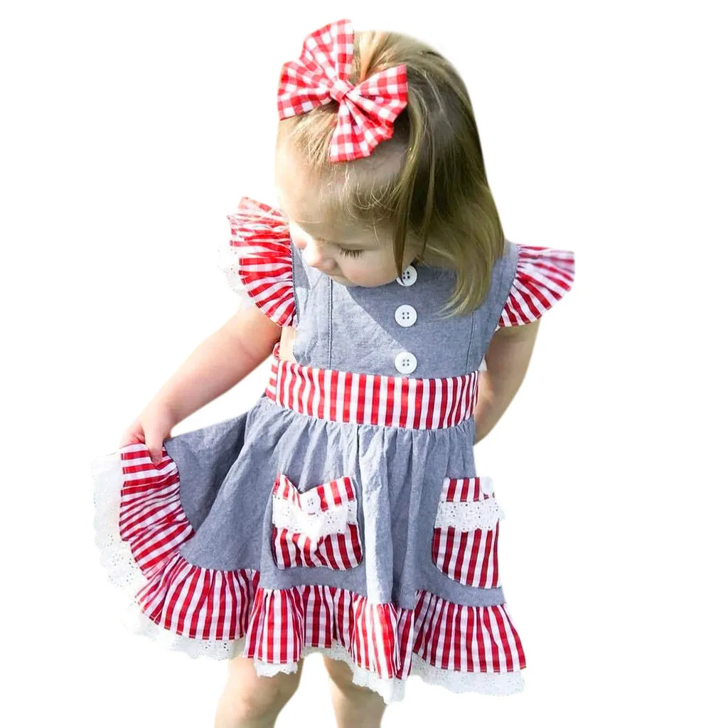 Toddler Baby Girls Fly Sleeve Plaid Ruffles Lace Pocket Dress+Headband Outfits Vintage Infant Newborn Dress 2019 | Детская одежда и