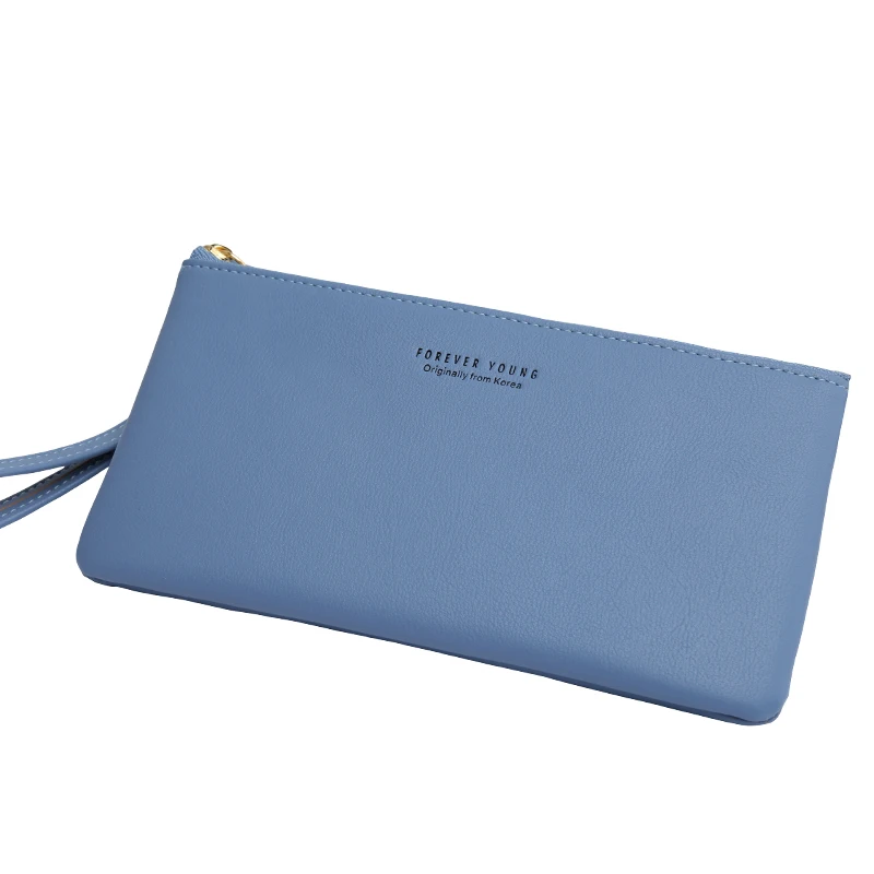 Light Blue Женский модный кожаный кошелек с ремешком на запястье, портативный многофункциональный Длинный кошелек для мелочи, женский клатч для телефона на молнии для девушек - Цвет: Light Blue