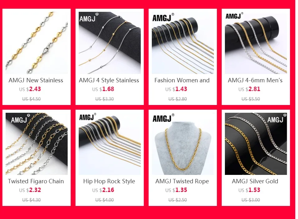 AMGJ 4 Style Stainless Steel Gold Color Round Ball Pendant Necklace Link Chain Necklace Fashion Jewelry for Women or Men