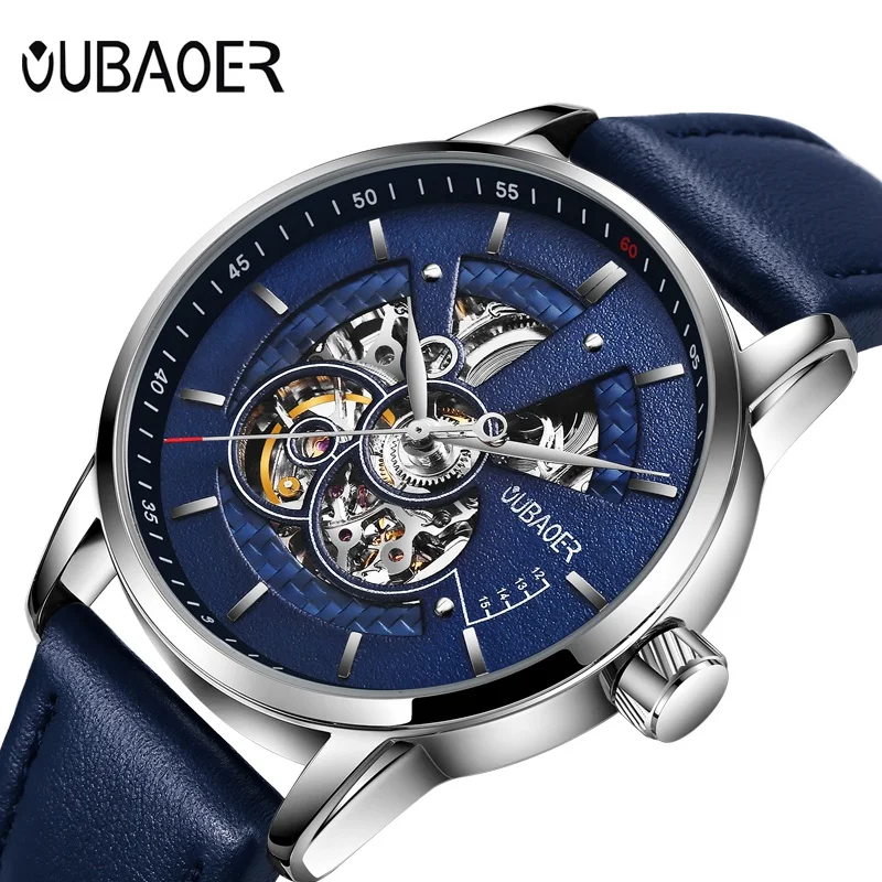 Роскошные модные автоматические механические кожаные мужские часы OUBAOER топ