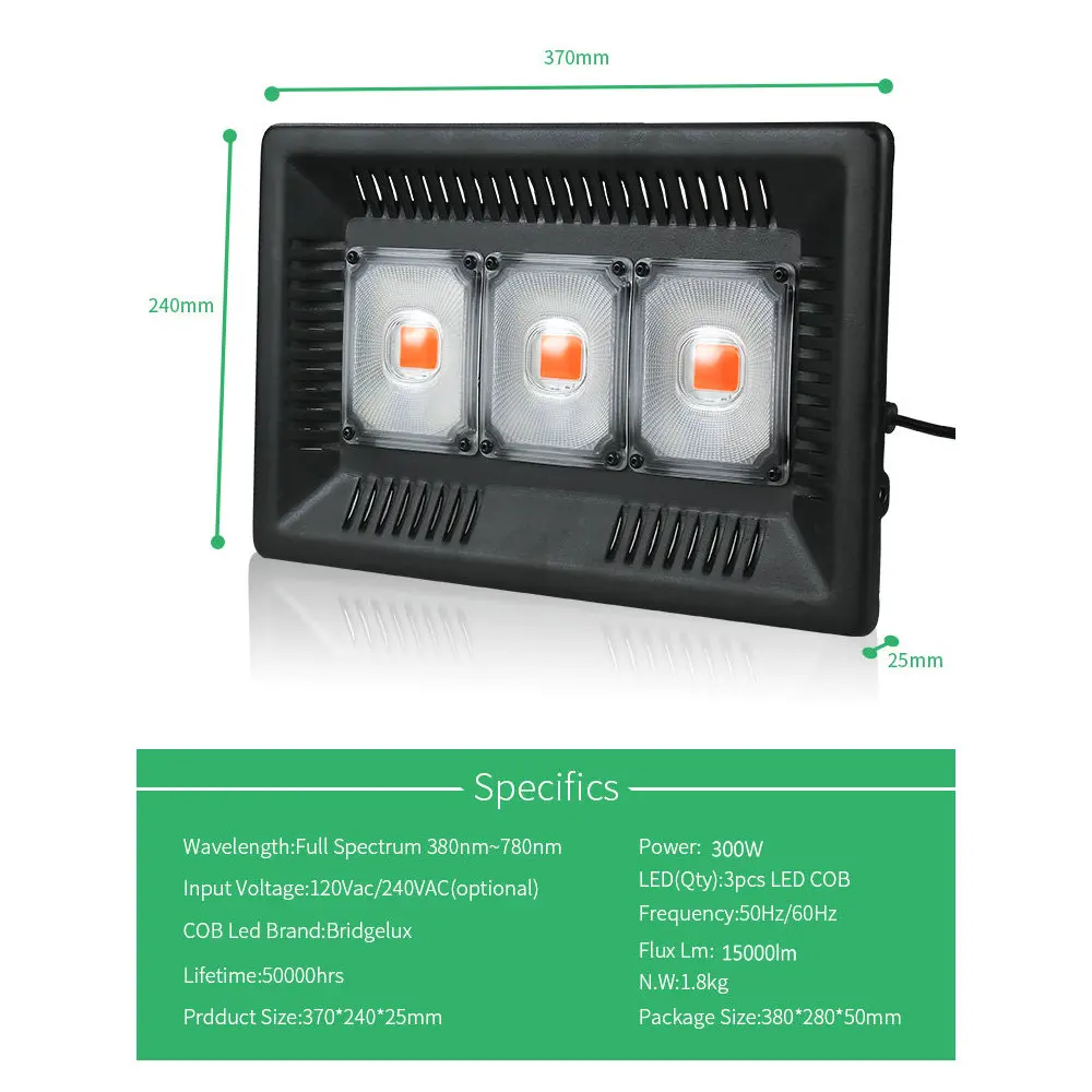 BUYBAY полный спектр светодиодный Grow светильник Водонепроницаемый IP67 100W 200W 300W COB рост потолочные светильник для завода Крытый гидропонное парниковых