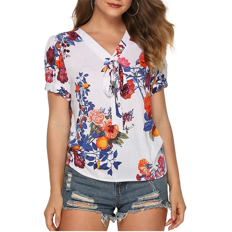 

Slim Plus Size Women Short Sleeve Blouses Bowknot V Neck Printed Floral Womens White Tops And Blouse Ladies Shirts 2019 Summer