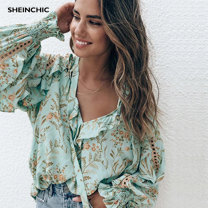 Женская блузка с рюшами Boho Chic бирюзовая Повседневная Блузка v образным вырезом и
