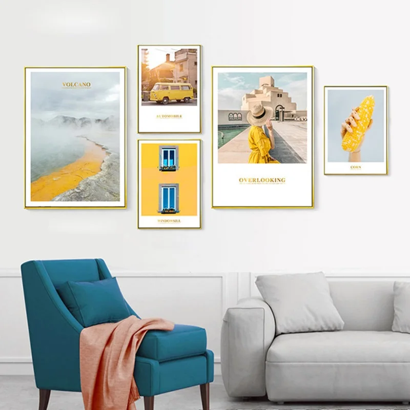 

Minimalist Nordic Canvas Painting Yellow Landscape Posters and Prints Girl Wall Art Decorative Pictures Modern Home Decoration