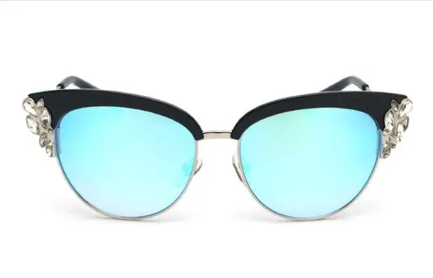 blue lens Peekaboo, Летний стиль, кошачий глаз, солнцезащитные очки, женские очки, полуоправы, роскошные стразы, солнцезащитные очки, кошачий глаз, зеркальные - Цвет линз: blue lens