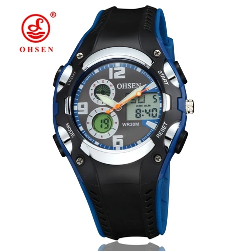 Blue Оригинальные Цифровые кварцевые спортивные часы OHSEN для детей и мальчиков, водонепроницаемые часы длиной 30 м с черным резиновым ремешком, модный светодиодный наручные часы для плавания, подарок - Цвет: Blue