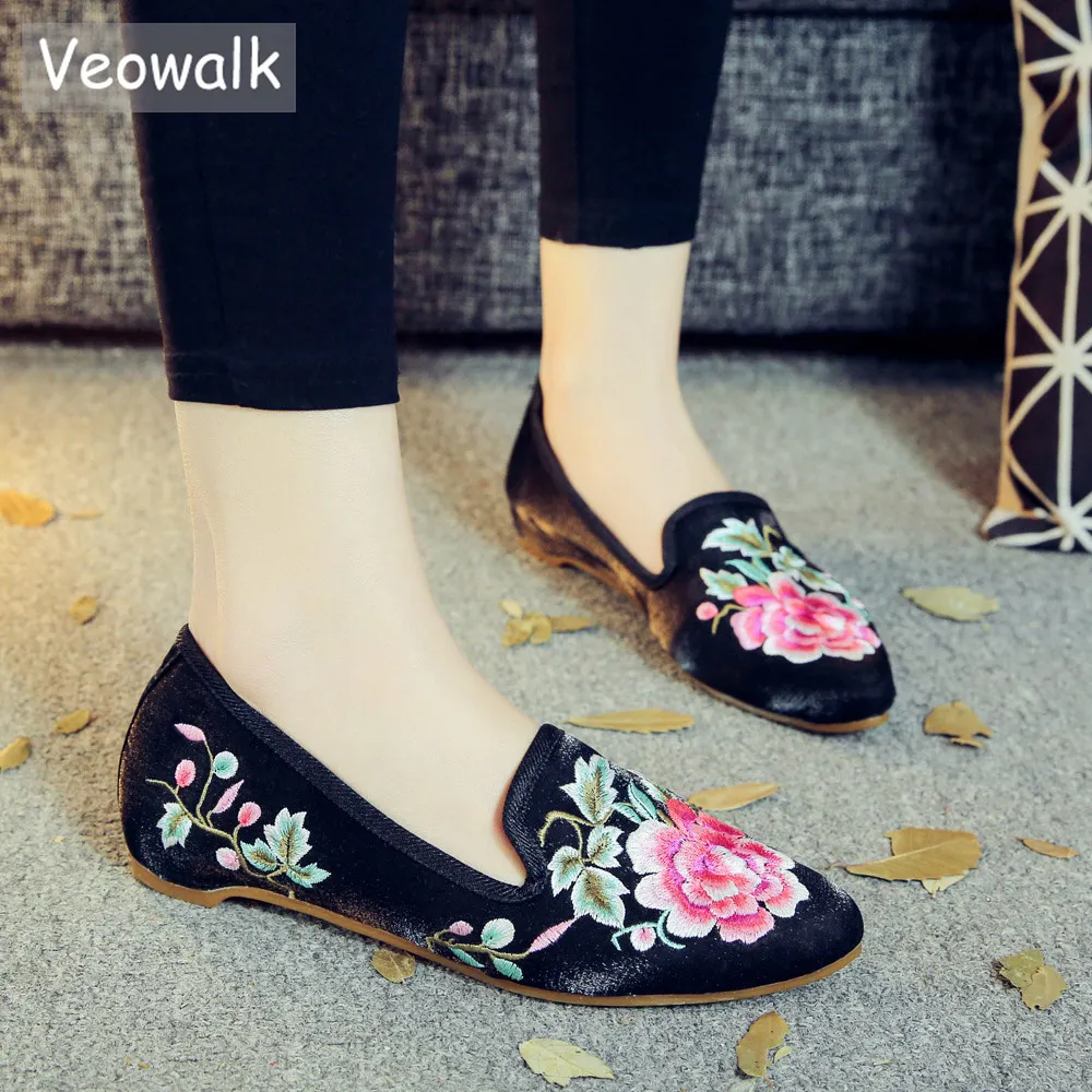 Женские бархатные балетки Veowalk из хлопчатобумажной ткани с вышивкой на плоской