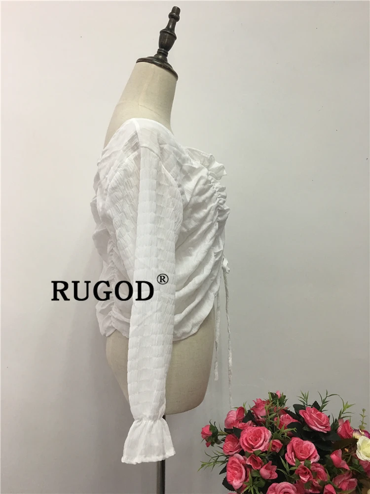 RUGOD шифоновые элегантные однотонные женские блузки с расклешенными рукавами и v-образным вырезом средней длины, плиссированные тонкие винтажные женские блузки в Корейском стиле modis femme blusas mujer