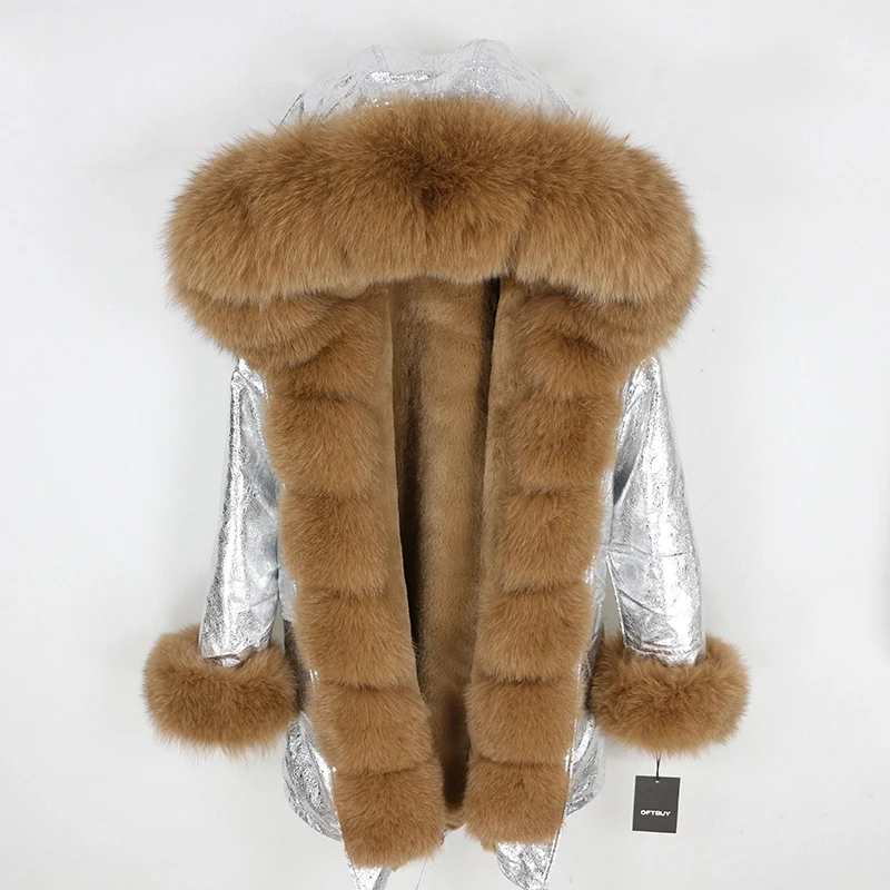 silver brown Brand Real Fur Coat Fashion Winter Jacket Women Natural Real Fox Fur Collar Loose Long Parkas Big Fur Outerwear Detachable - Цвет: silver brown