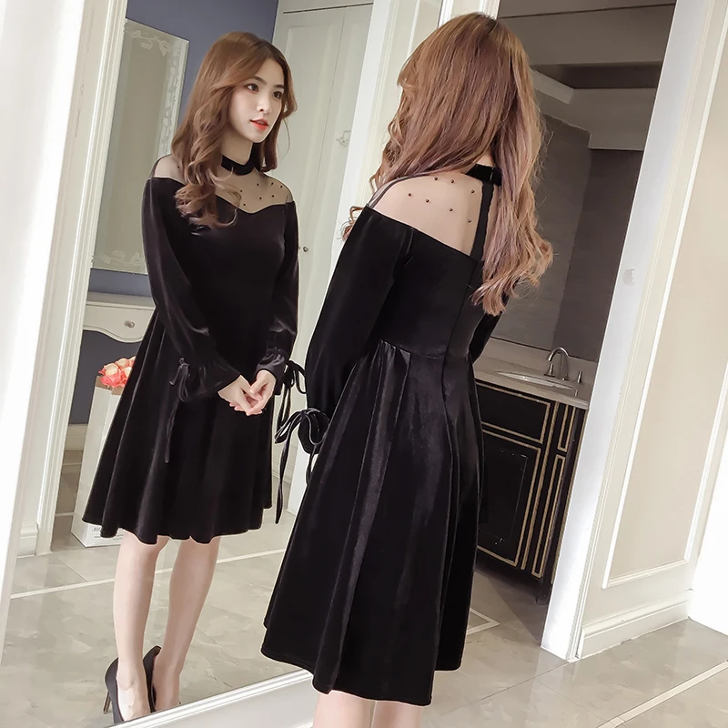 2018 new women's sexy gauze dress knee length one word shoulder sleeve sleeves autumn and winter backing dresses TW003 | Женская